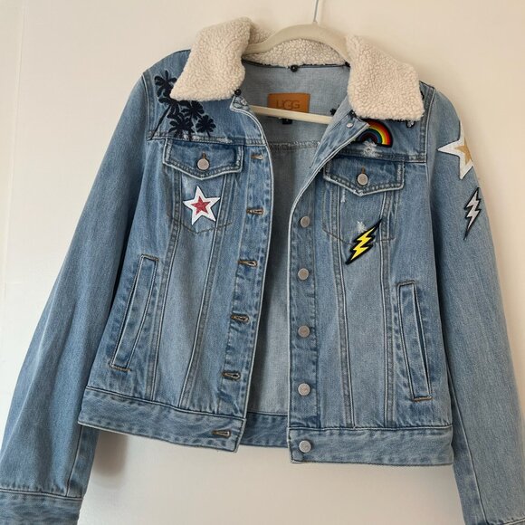 New UGG Denim Patchwork Jean Jacket with Fleece Lined Collar - Picture 1 of 5